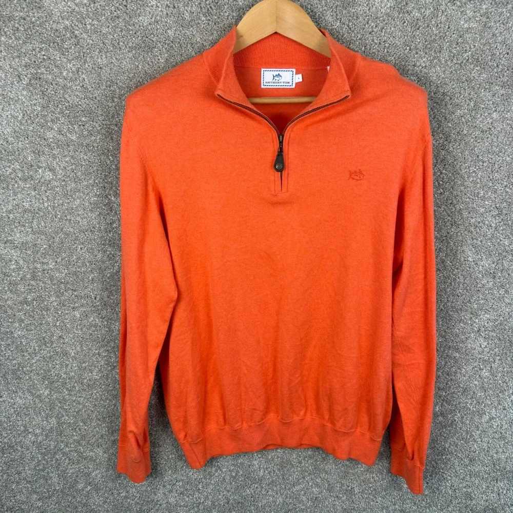 Southern Tide Mens Large Orange Cotton Blend 1/4 Zip Skipjack‎ Logo Sweater